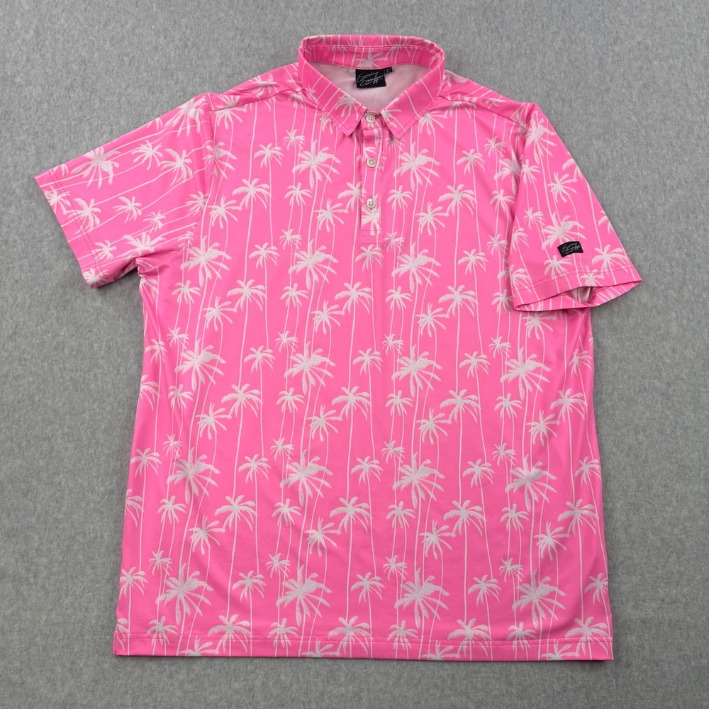 Sunday Swagger Polo Shirt Mens XL Pink Palm Tree Print Short Sleeve Golf Preppy